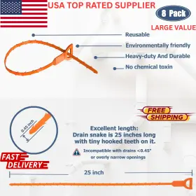 Keyfar 744110679915 8pack 25in Hair Snake Drain Auger Clog Remover Toilet Cleaning Tools Sink Sewer