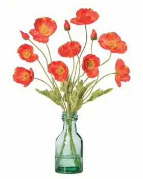 Fla877-fl Petals - California Poppies Silk Flower Arrangement In Green Glass Bottle F