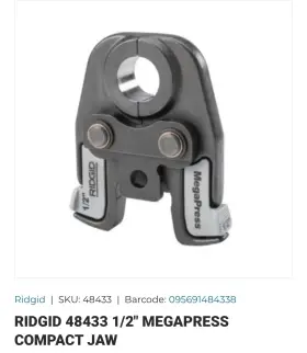R48433 Ridgid 48433 Ridge 1/2 Inch Megapress Jaw For Compact Press Tools