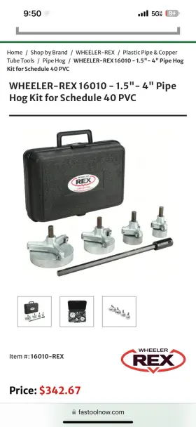 16010 Wheeler Wheeler-rex - 1.5 Inch 4 Pipe Hog Kit For Schedule 40 Pvc